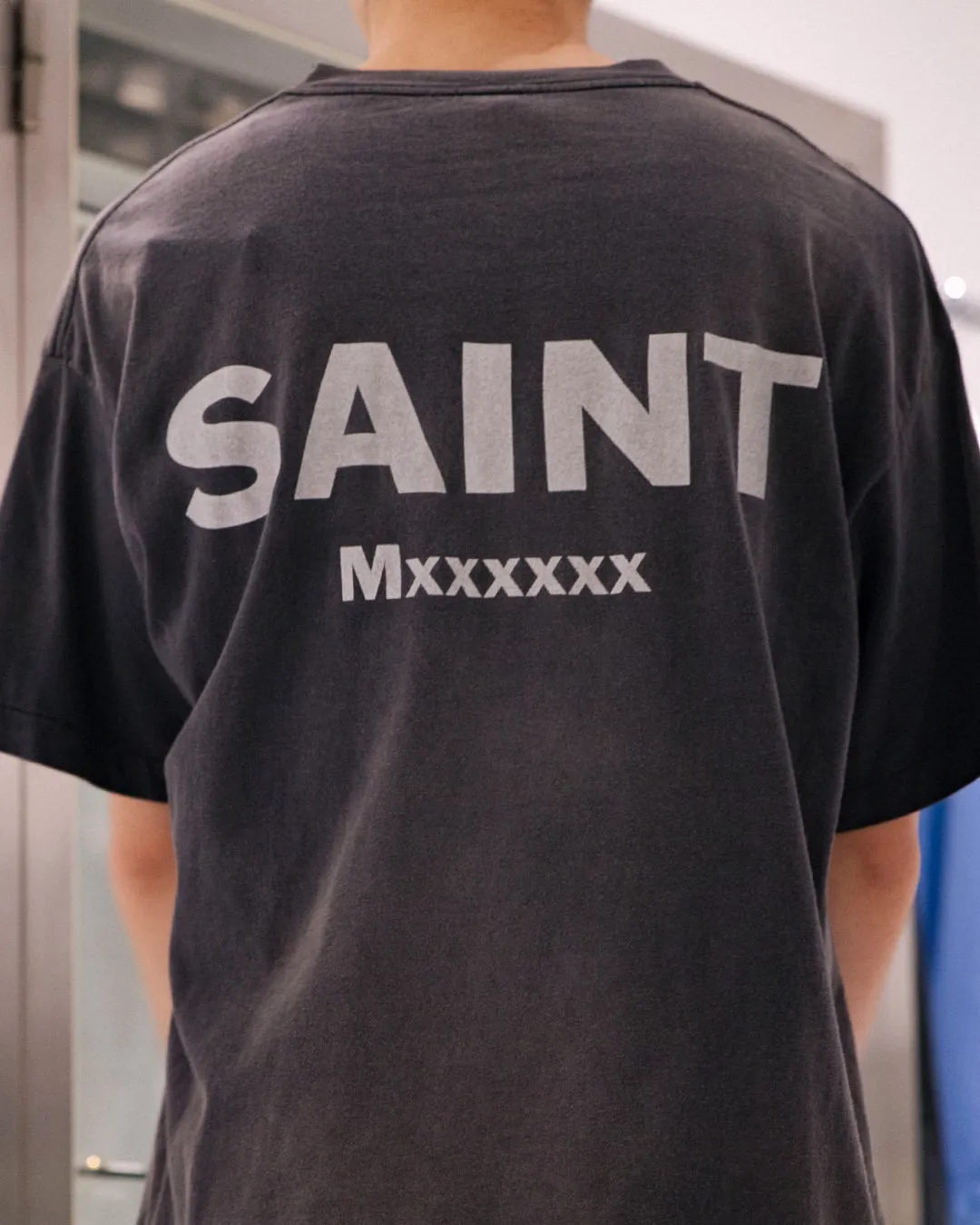 SAINT Mxxxxxx × EVANGELION NEON GNSIS TEE/BLK co-branded Neon Genesis Evangelion distressed short-sleeves, washed black S-XL, vintage NEW VINTAGE, top printing technology, garment dyeing, re-washed, distressed, correct co-branded main mark/washing mark